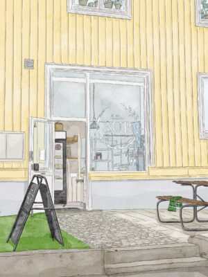 Målning av caféet Lilla Sur vid Solrosgatan
